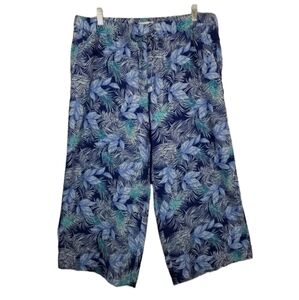 Caribbean Joe & Co Linen Blend Womens Cropped Wide Leg Pants Tropical Print Blue